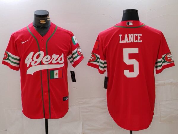 Men's San Francisco 49ers #5 Trey Lance Red With Patch Cool Base Stitched Baseball Jerseys