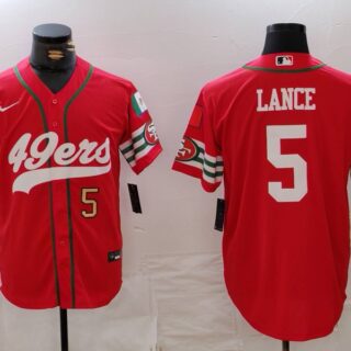 Men's San Francisco 49ers #5 Trey Lance Red With Patch Cool Base Stitched Baseball Jerseys