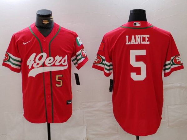 Men's San Francisco 49ers #5 Trey Lance Red With Patch Cool Base Stitched Baseball Jerseys