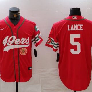 Men's San Francisco 49ers #5 Trey Lance Red With Patch Cool Base Stitched Baseball Jerseys