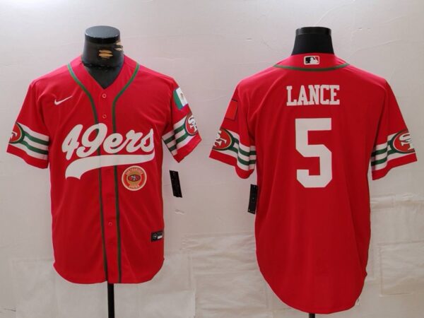Men's San Francisco 49ers #5 Trey Lance Red With Patch Cool Base Stitched Baseball Jerseys