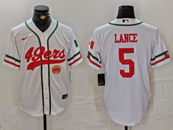 Men's San Francisco 49ers #5 Trey Lance White With Patch Cool Base Stitched Baseball Jersey