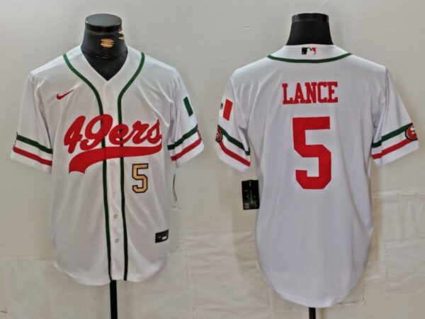 Men's San Francisco 49ers #5 Trey Lance White With Patch Cool Base Stitched Baseball Jersey