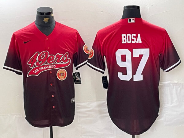 Men's San Francisco 49ers #97 Nick Bosa Red Black With Patch Cool Base Stitched Baseball Jerseys