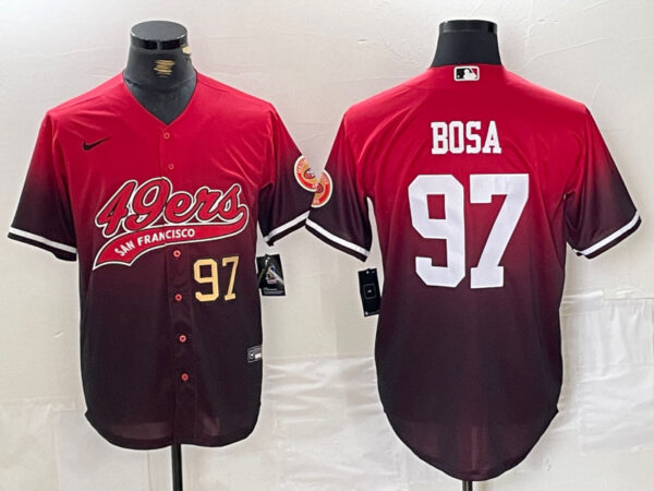 Men's San Francisco 49ers #97 Nick Bosa Red Black With Patch Cool Base Stitched Baseball Jerseys