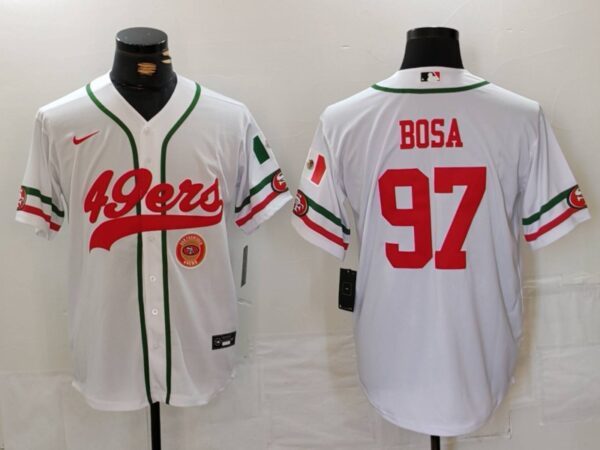 Men's San Francisco 49ers #97 Nick Bosa White With Patch Cool Base Stitched Baseball Jersey