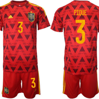 Men's Spain #3 Pique Red Home Soccer Jersey Suit