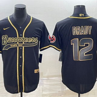 Men's Tampa Bay Buccaneers #12 Tom Brady Black Gold With Patch Cool Base Stitched Baseball Jersey