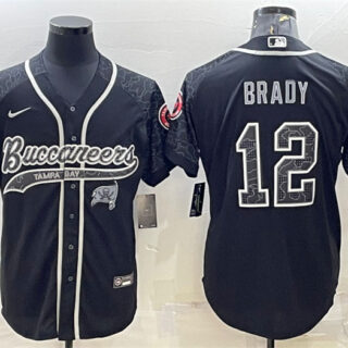 Men's Tampa Bay Buccaneers #12 Tom Brady Black Reflective With Patch Cool Base Stitched Baseball Jersey