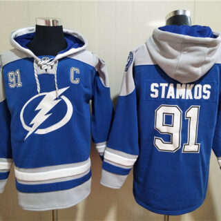 Men's Tampa Bay Lightning #91 Steven Stamkos Blue Ageless Must-Have Lace-Up Pullover Hoodie