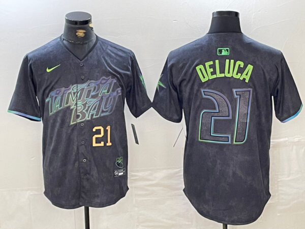 Men's Tampa Bay Rays #21 Jonny DeLuca Charcoal 2024 City Connect Limited Stitched Jerseys