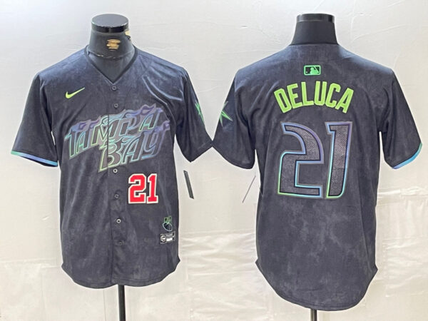 Men's Tampa Bay Rays #21 Jonny DeLuca Charcoal 2024 City Connect Limited Stitched Jerseys