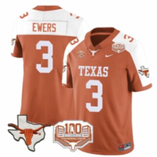 Men's Texas Longhorns #3 Quinn Ewers Orange White F.U.S.E 100 Years Of Darrell K Royal Map & SEC Patch Stitched Jersey
