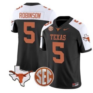 Men's Texas Longhorns #5 Bijan Robinson Black F.U.S.E. State Map & SEC Patch Stitched Jersey