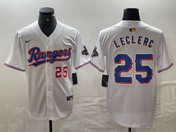 Men's Texas Rangers #25 Jose Leclerc White Gold Cool Base Stitched Baseball Jersey