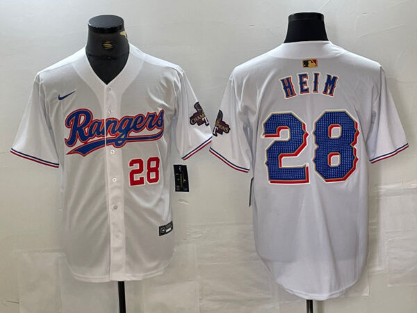 Men's Texas Rangers #28 Jonah Heim White Gold Cool Base Stitched Baseball Jersey