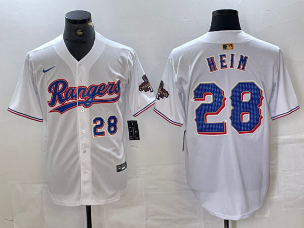Men's Texas Rangers #28 Jonah Heim White Gold Cool Base Stitched Baseball Jersey