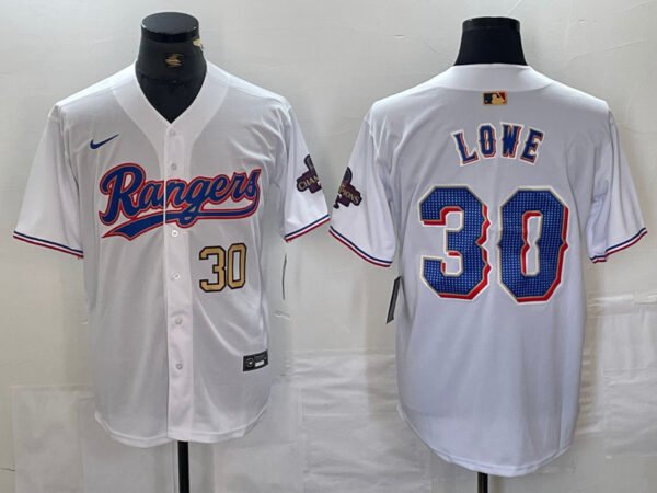 Men's Texas Rangers #30 Nathaniel Lowe White Gold Cool Base Stitched Baseball Jersey