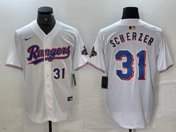 Men's Texas Rangers #31 Max Scherzer White Gold Cool Base Stitched Baseball Jersey
