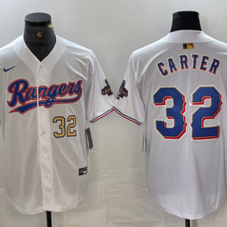 Men's Texas Rangers #32 Evan Carter White Gold Cool Base Stitched Baseball Jersey