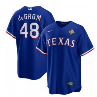 Men's Texas Rangers #48 Jacob DeGrom Royal 2023 World Series Cool Base Stitched Baseball Jersey