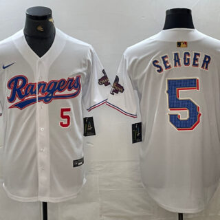 Men's Texas Rangers #5 Corey Seager Number White 2023 World Series Champions Cool Base Jersey