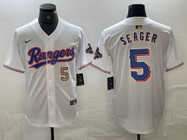 Men's Texas Rangers #5 Corey Seager Number White 2023 World Series Champions Cool Base Jerseys