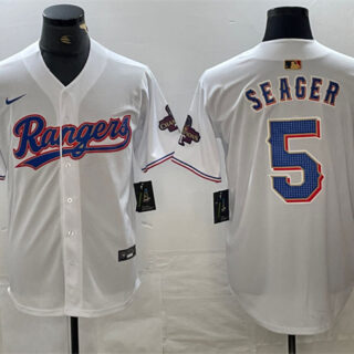 Men's Texas Rangers #5 Corey Seager White Gold Cool Base Stitched Baseball Jersey