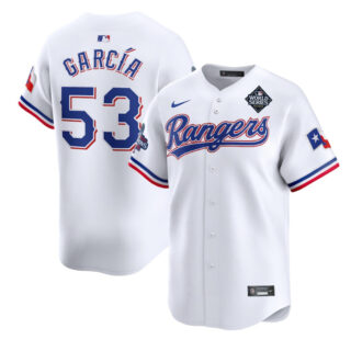 Men's Texas Rangers #53 Adolis García White 2023 World Series Patch And Champions Patch Stitched Baseball Jersey