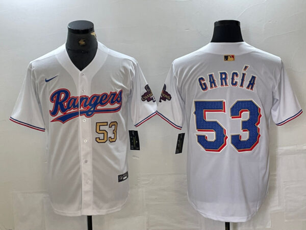 Men's Texas Rangers #53 Adolis García White Gold Cool Base Stitched Baseball Jersey