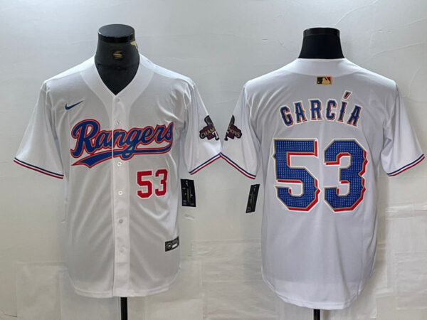 Men's Texas Rangers #53 Adolis García White Gold Cool Base Stitched Baseball Jersey