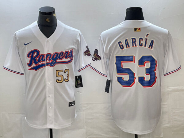Men's Texas Rangers #53 Adolis García White Gold Cool Base Stitched Baseball Jersey