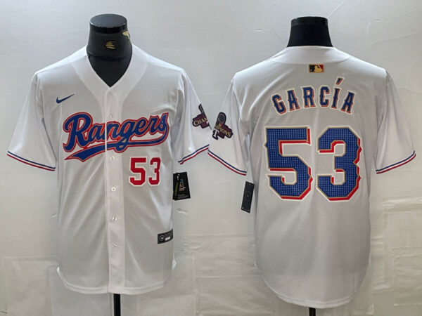 Men's Texas Rangers #53 Adolis García White Gold Cool Base Stitched Baseball Jersey