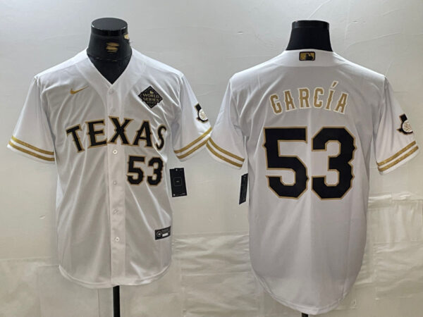 Men's Texas Rangers #53 Adolis García White Gold With Patch Cool Base Stitched Baseball jerseys
