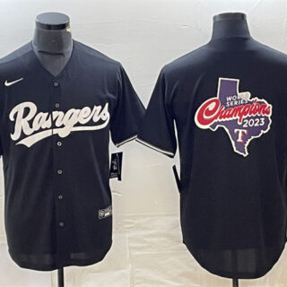 Men's Texas Rangers Black 2023 World Series Champions Big Logo Cool Base Stitched Baseball Jersey