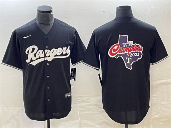 Men's Texas Rangers Black 2023 World Series Champions Big Logo Cool Base Stitched Baseball Jerseys