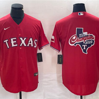 Men's Texas Rangers Red 2023 World Series Champions Big Logo With Patch Cool Base Stitched Baseball Jersey