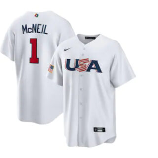 Men's USA Baseball #1 Jeff McNeil 2023 White World Baseball Classic Replica Stitched Jersey