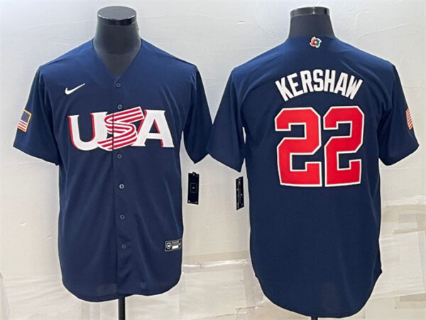 Men's USA Baseball #22 Clayton Kershaw 2023 Navy World Baseball Classic Replica Stitched Jersey
