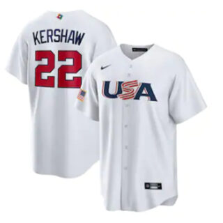 Men's USA Baseball #22 Clayton Kershaw 2023 White World Baseball Classic Replica Stitched Jersey
