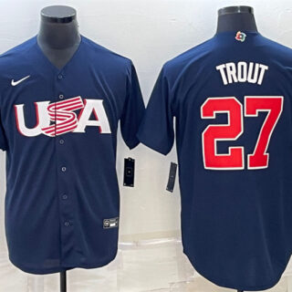 Men's USA Baseball #27 Mike Trout 2023 Navy World Baseball Classic Replica Stitched Jersey