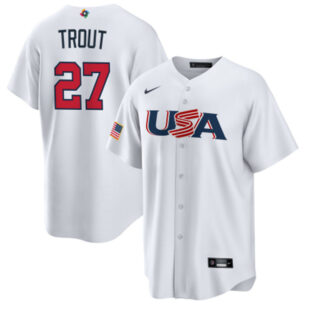 Men's USA Baseball #27 Mike Trout 2023 White World Baseball Classic Replica Stitched Jersey