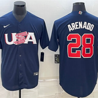 Men's USA Baseball #28 Nolan Arenado 2023 Navy World Baseball Classic Replica Stitched Jersey