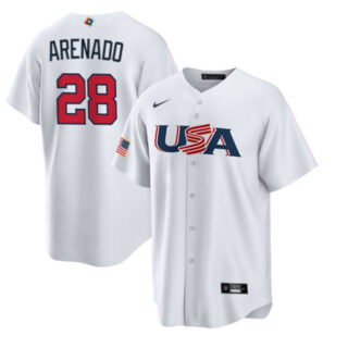 Men's USA Baseball #28 Nolan Arenado 2023 White World Baseball Classic Replica Stitched Jersey