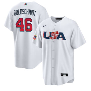 Men's USA Baseball #46 Paul Goldschmidt 2023 White World Baseball Classic Replica Stitched Jersey