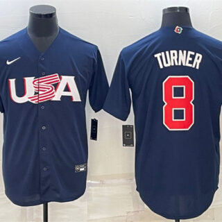 Men's USA Baseball #8 Trea Turner 2023 Navy World Baseball Classic Replica Stitched Jersey