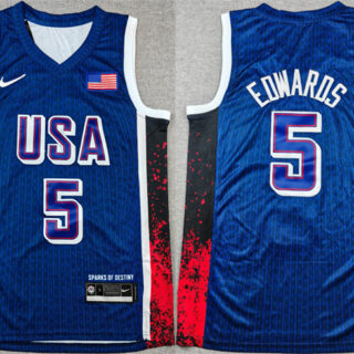 Men's USA Basketball #5 Anthony Edwards Navy 2024 Olympics Stitched Jersey