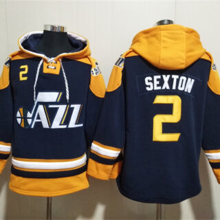 Men's Utah Jazz #2 Collin Sexton Navy Yellow Lace-Up Pullover Hoodie