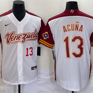 Men's Venezuela Baseball #13 Ronald Acuña Jr. 2023 White World Baseball Classic With Patch Stitched Jersey