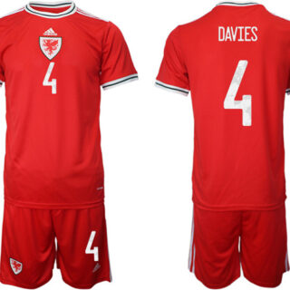 Men's Wales #4 Davies Red Home Soccer Jersey Suit